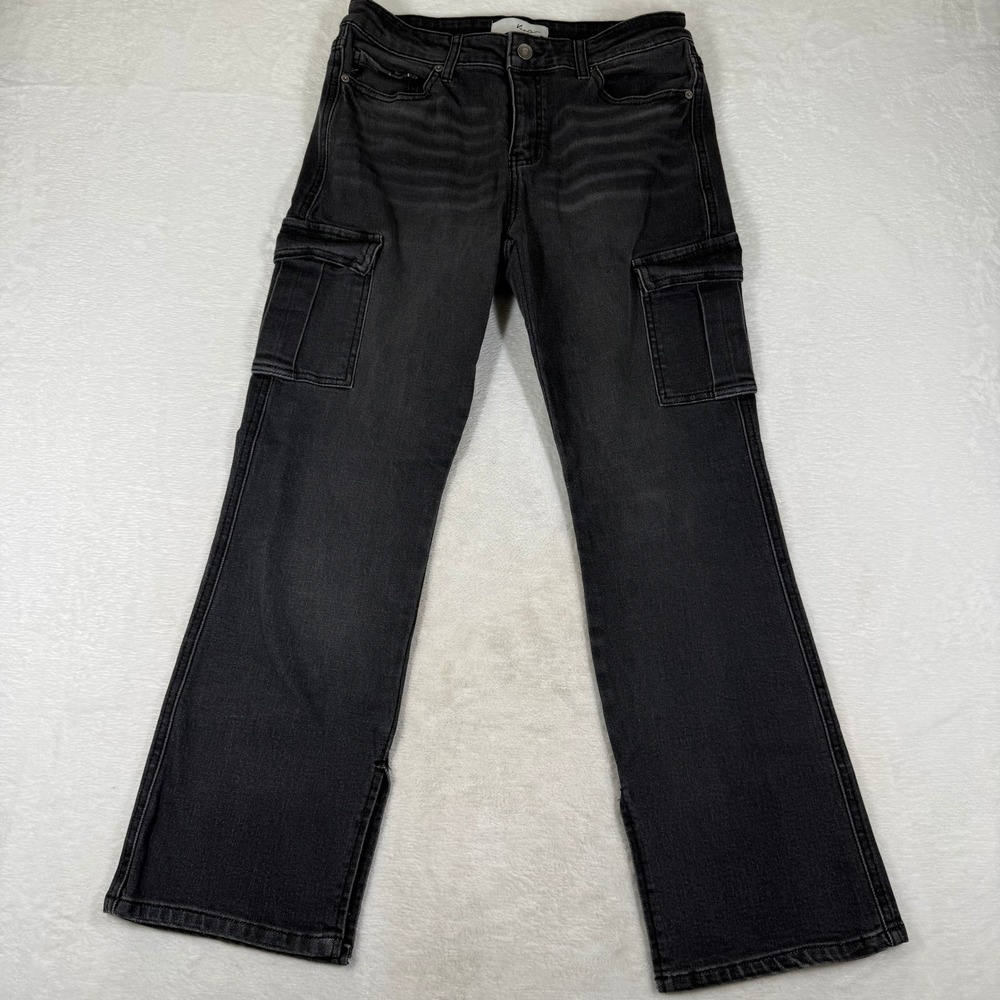 KanCan Womens Cargo Flare Jeans Faded Black Slit Hem BT1400AA-2-SF Sz 8